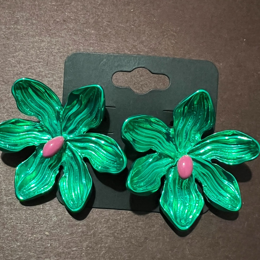 Emerald Green and Pink Floral Earrings